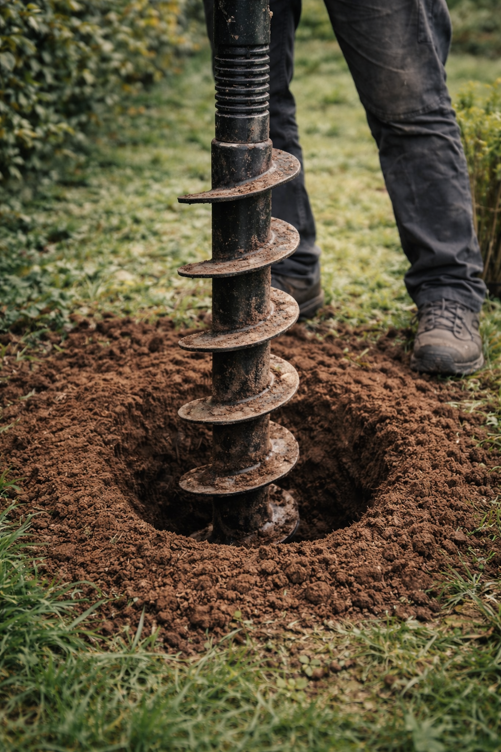 Vrtání děr zemním vrtákem pro plotové sloupky a živé ploty